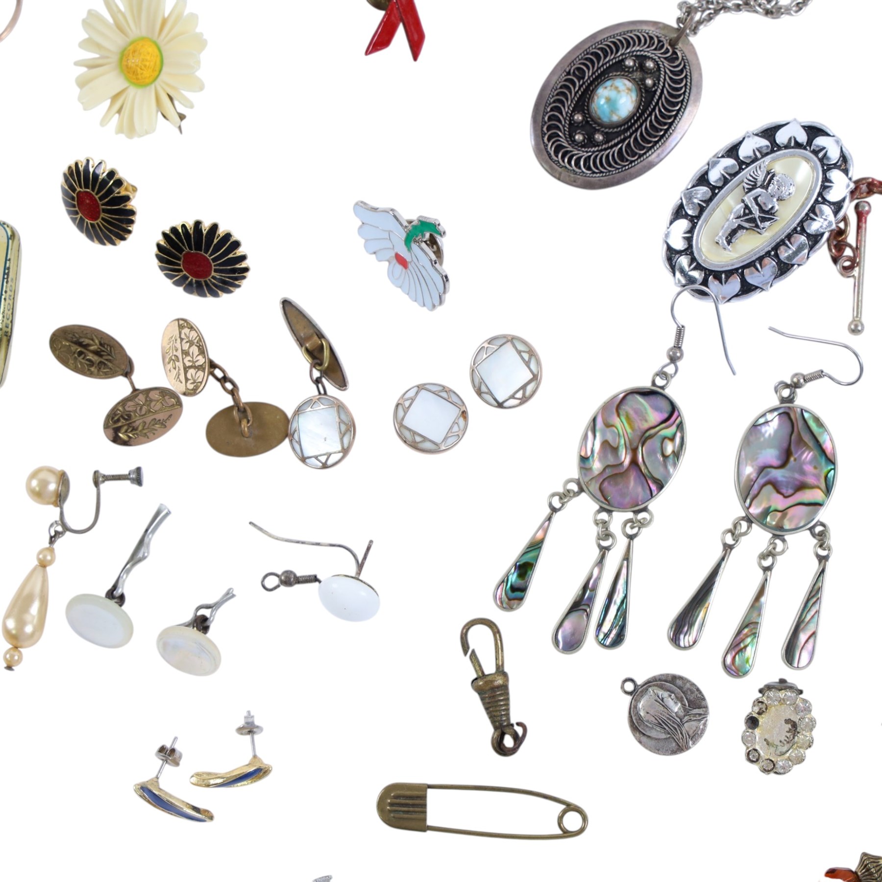 Silver collared glass bottle and a collection of costume jewellery, including beaded necklaces, ring, wristwatch, etc