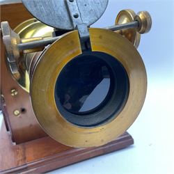 Victorian brass and mahogany 'Model C Challenge' magic lantern projector by J. Lizars, with long and short lenses, bears inset maker's plaque, L50cm excluding lenses (lacking burner)