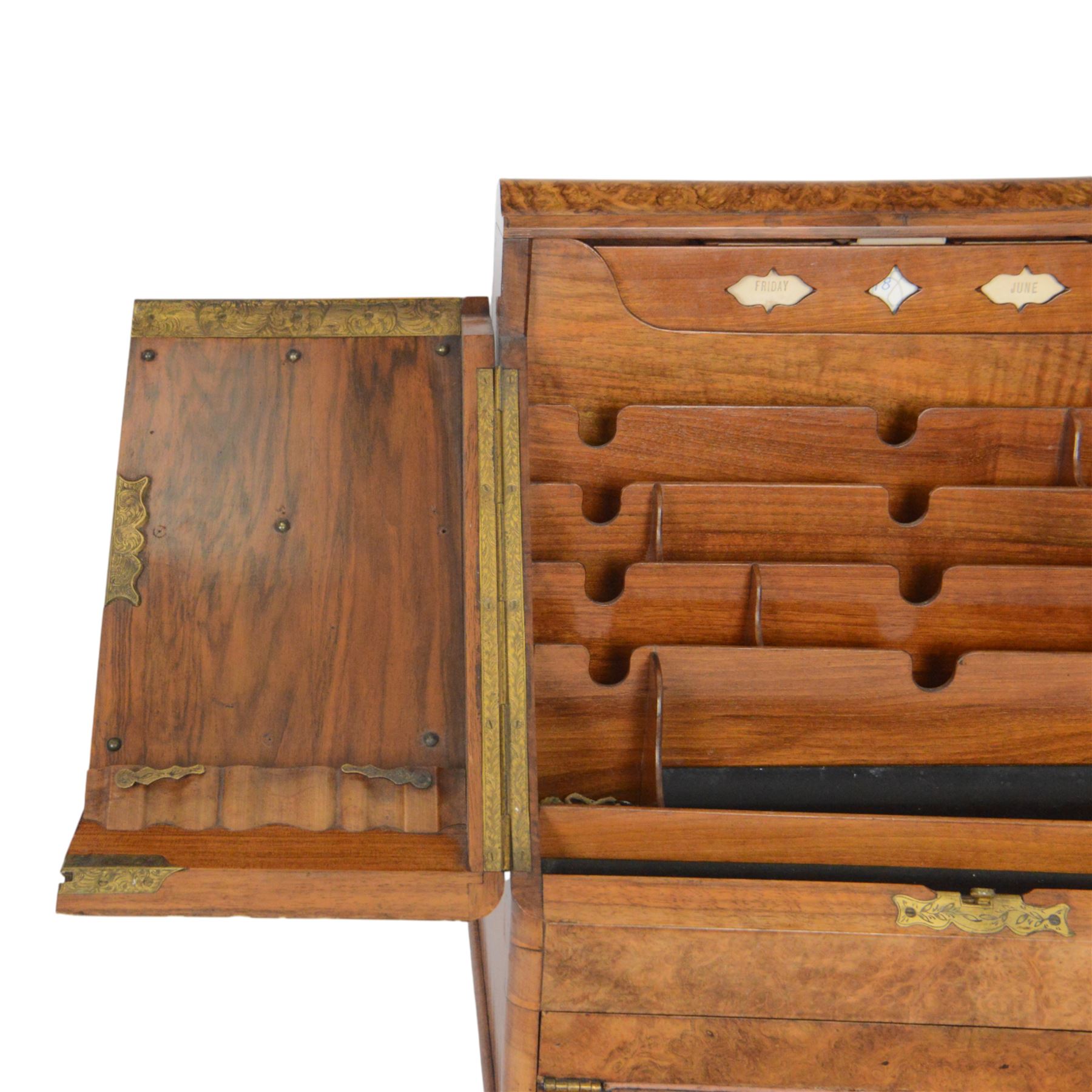 19th century burr walnut correspondence box, the sloped front opening to reveal a fitted interior with perpetual calendar, letter racks, and pen tray between two inkwell recesses, above a pull out draw with recessed brass handle, H41cm L40.5cm D28.5cm