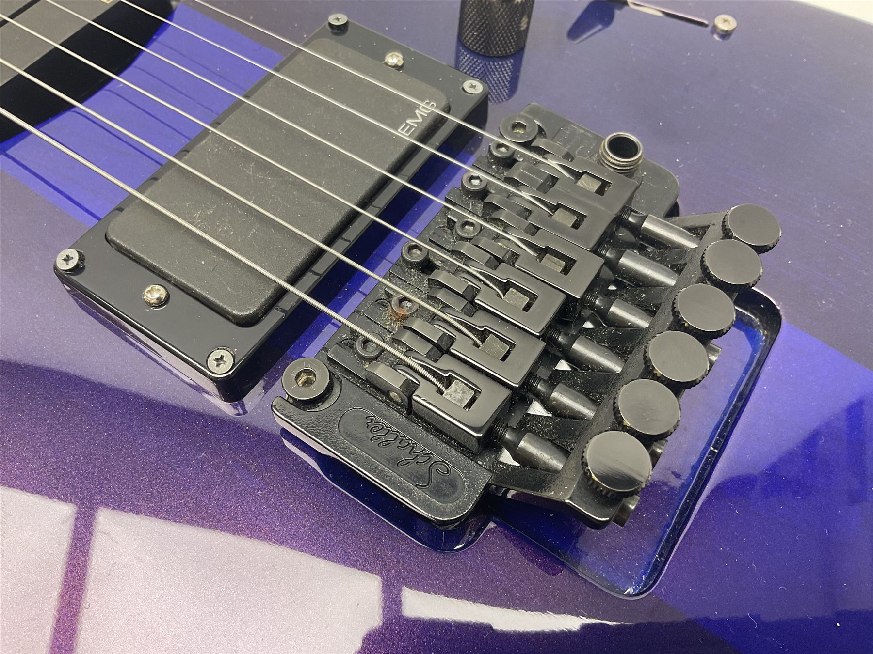 2015 Japanese Caparison Dellinger Prominence hand made boutique rock guitar in spectrum blue with clock inlays and Scaller tremolo; serial no.3200018; L100cm; in fitted case with certificate, registration card, tools etc