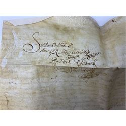 Three 17th/18th century manuscript deeds on vellum relating to properties in Bowling Alley Lane, Hull - one dated 16/12/1689 with seal 44 x 65cm; mortgage dated 20/2/1711 56 x 74cm; and assignment of mortgage dated 5/5/1727 with seal; all folded (3)