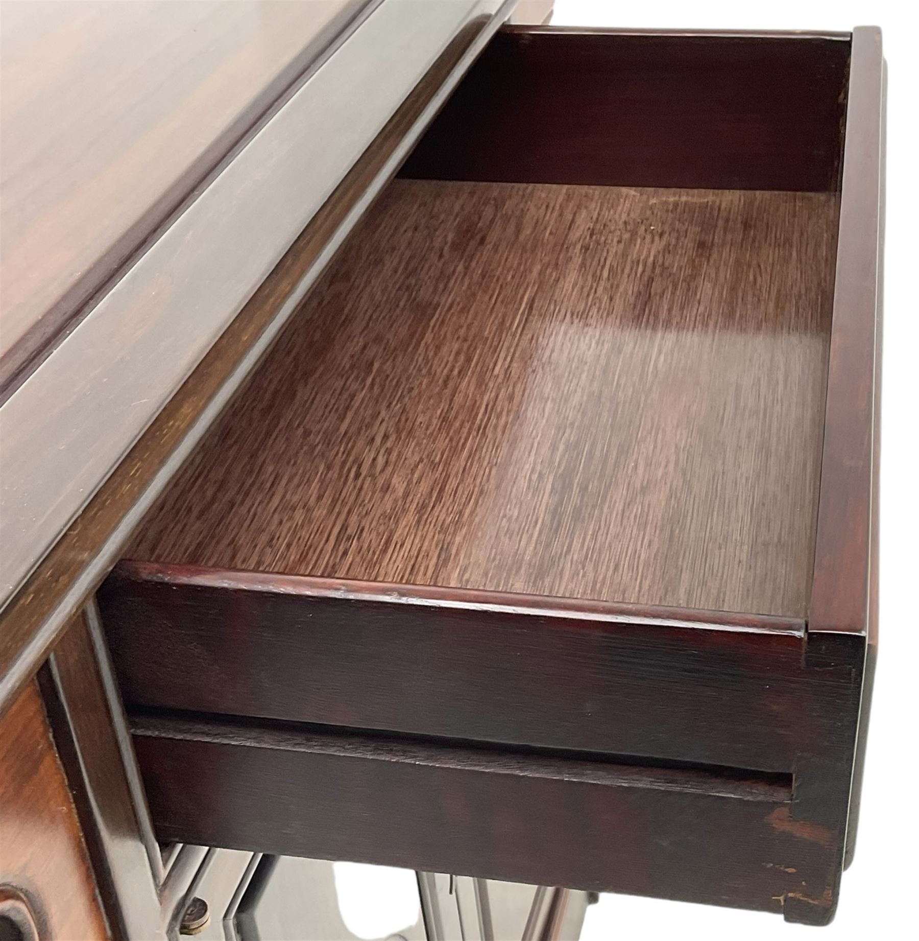 Chinese hardwood altar table, single drawer over double cupboard, two panelled doors carved with Shou motifs 