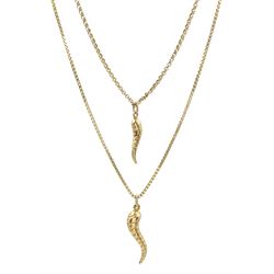 Two 9ct gold Cornicello pendant necklaces