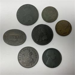 Thirty six late 18th century onwards tokens to include Georgian love token engraved ‘Betty Barlow’ to reverse of 1788 Anglesey Mines halfpenny, 1792 Coventry halfpenny, 1792 North Wales halfpenny, 1795 Duke of York halfpenny etc 