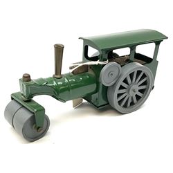 Five Tri-ang Minic tin-plate clockwork vehicles comprising Steam Roller, Minic Brewery Dray wagon with six barrels, incomplete fire-engine, tractor and caterpillar tractor; all unboxed (5)