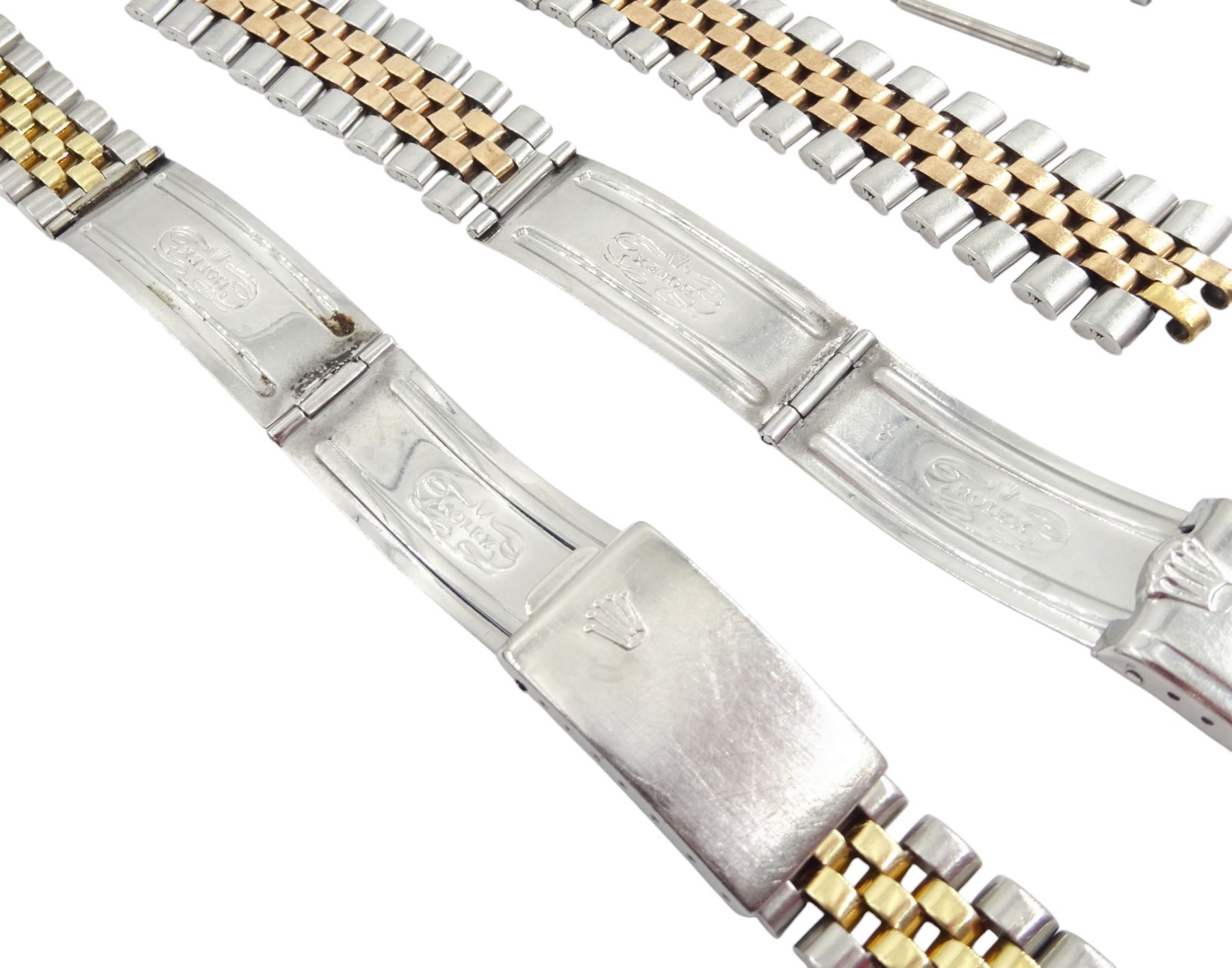 Rolex Jubilee yellow gold and stainless steel watch bracelet and one other Rolex Jubilee rose gold and stainless steel watch bracelet, with Rolex pouch