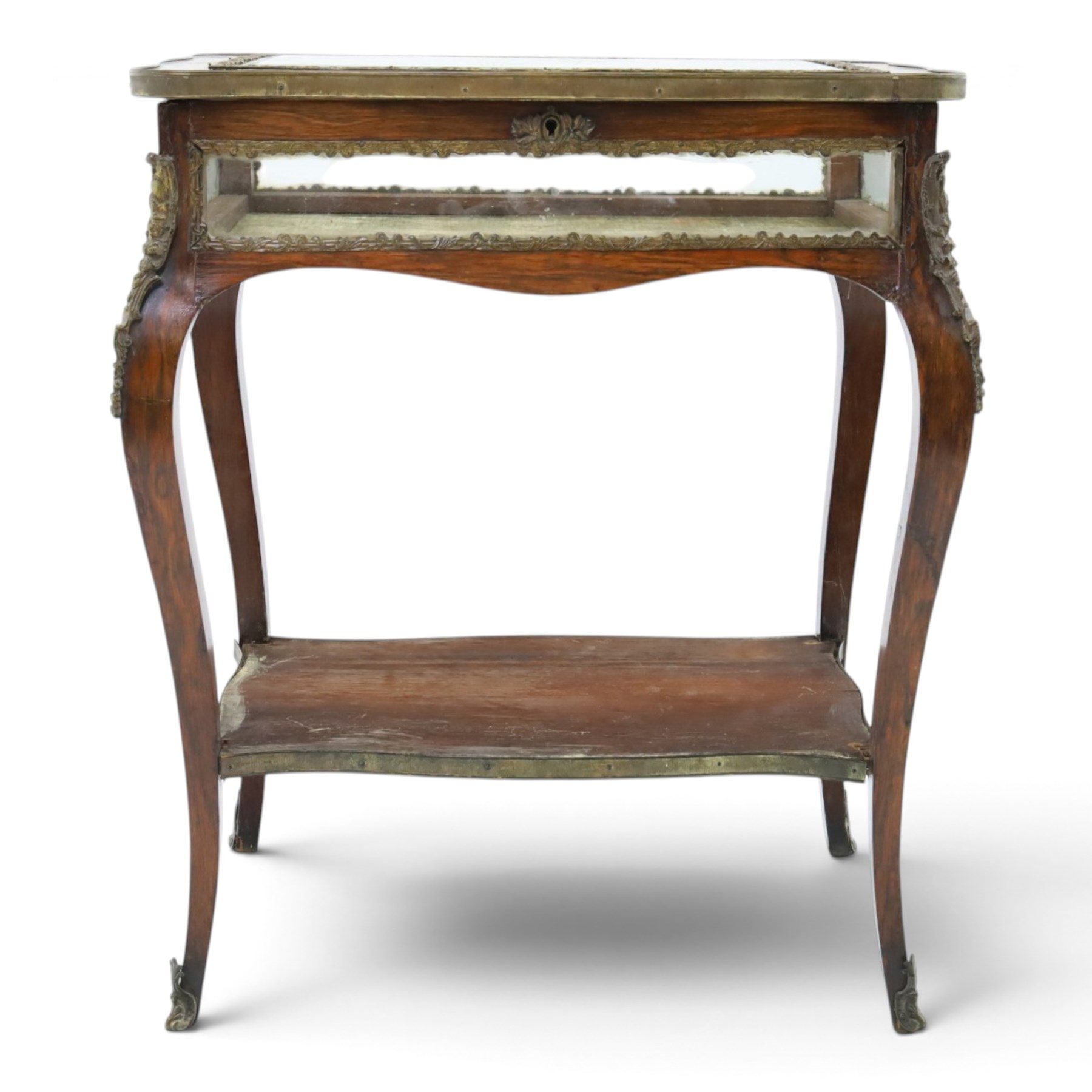 Louis XV style rosewood and marquetry bijouterie table,  glazed hinged top within a floral marquetry border and gilt metal moulded edge, above glazed sides and a baize lined interior, raised on cabriole legs with gilt metal mounts and sabots, united by an undertier