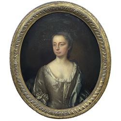 English School (Early 18th century): Portrait of a Lady in a Silk Gown, oval oil on canvas unsigned 74cm x 60cm