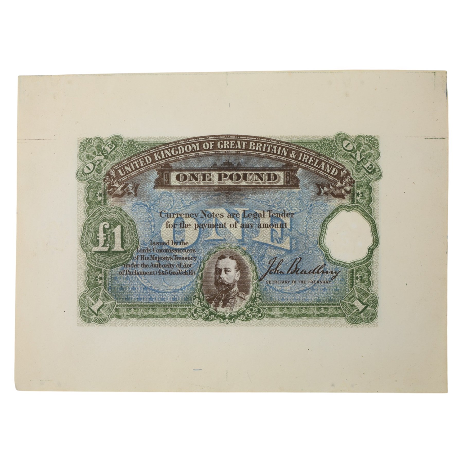 King George V Bradbury Treasury Essay one pound note, reference Duggleby TE 13d