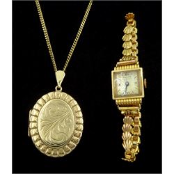 9ct gold locket pendant necklace, both hallmarked and an 18ct gold ladies manual wind wristwatch, Helvetia hallmark, on gold-plated strap