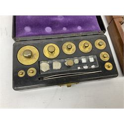 Victorian portable Sikes's hydrometer in original box, the hinged lid with inset plaque for W. & J. Burrow 62 & 63 Great Tower Street London, including ivory backed thermometer, W13.5cm; together with two bakelite cased sets of laboratory scales weights by W.J.George and Becker Ltd. and Philip Harris Ltd. (3)