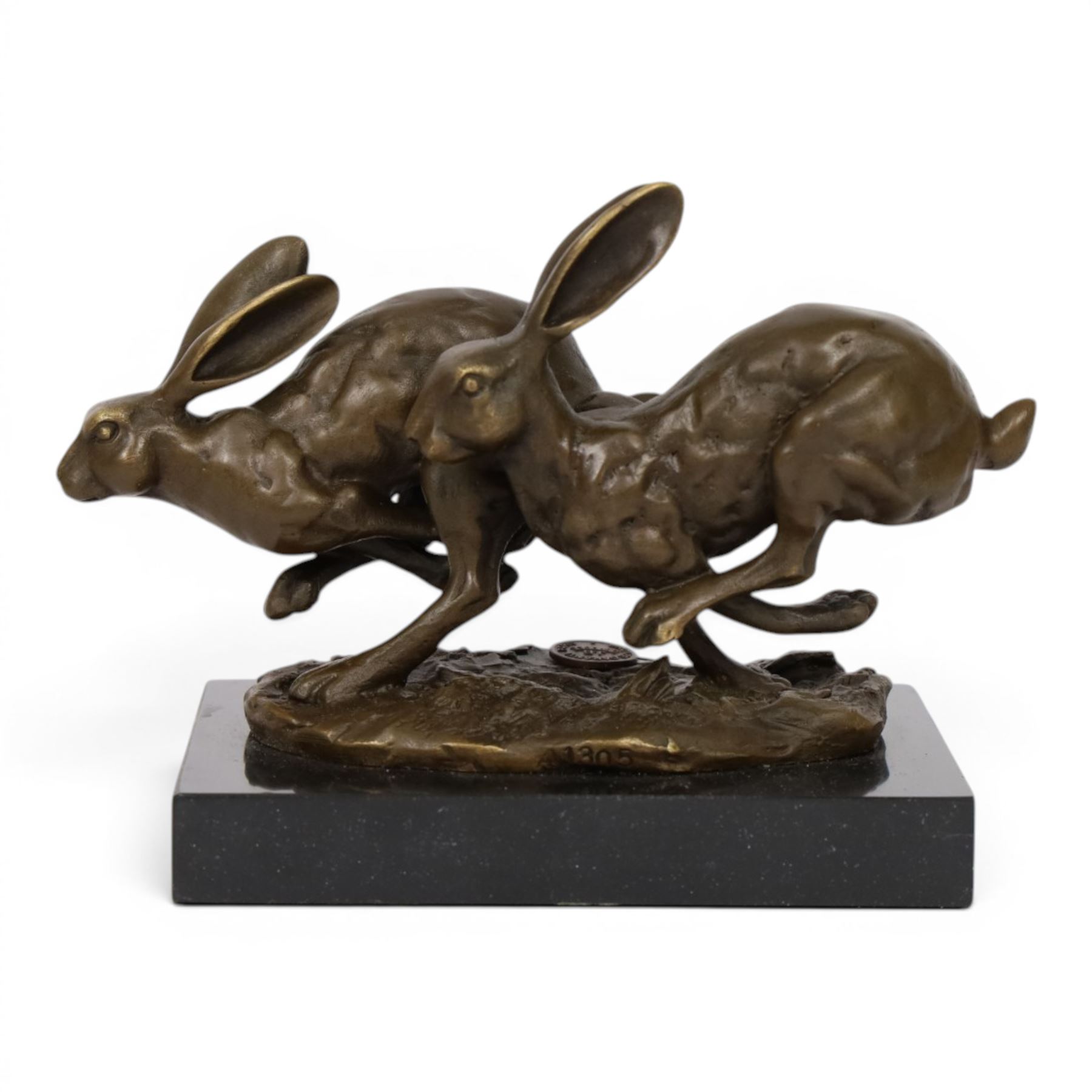 Bronze figure group, modelled two hares in chase, upon naturalistically modelled oval base signed Nick and with foundry mark, raised upon black marble base, H11cm L12.5cm