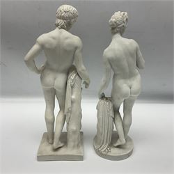 Royal Copenhagen Parian ware figure, modelled as Adonis, standing contrapposto by a tree trunk, together with a similar Parian ware figure, modelled as Venus with the Apple, both after Bertel Thorvaldsen and stamped Eneret to base with blue wave marks beneath, tallest H31.5cm