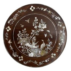 Chinese hardwood stand, inlaid with mother of pearl depicting birds, trees and flowers