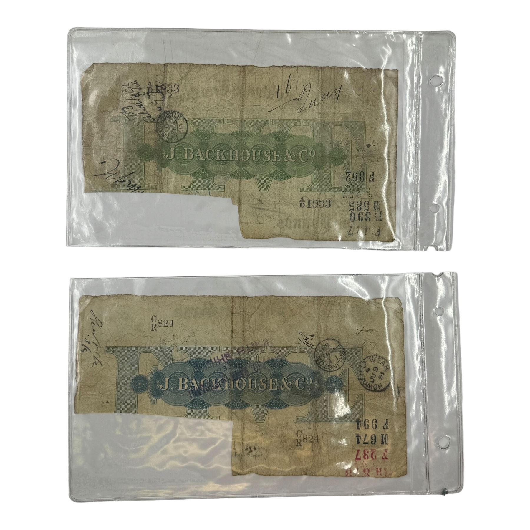 Two provincial 19th century cut five pound notes, Durham Bank and Stockton on Tees Bank