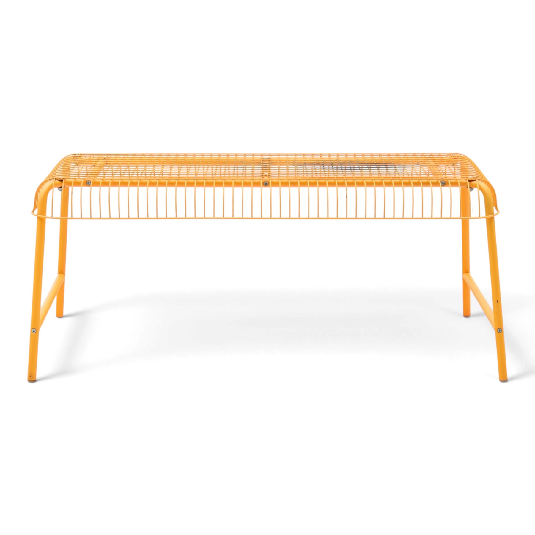 Ikea - 'Vasteron' 1990's orange metal bench, wireframed seat with tubular metal supports 
