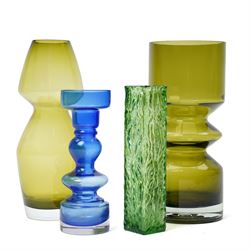 Four art glass vases, including three mid-century Scandinavian glass vases, two olive gree...