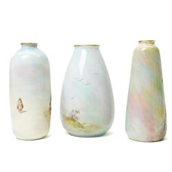Pair of Tuscan China vases painted with Middle Eastern scenes signed R Haigh H18cm, another in similar subject and two other Tuscan China vases painted with birds