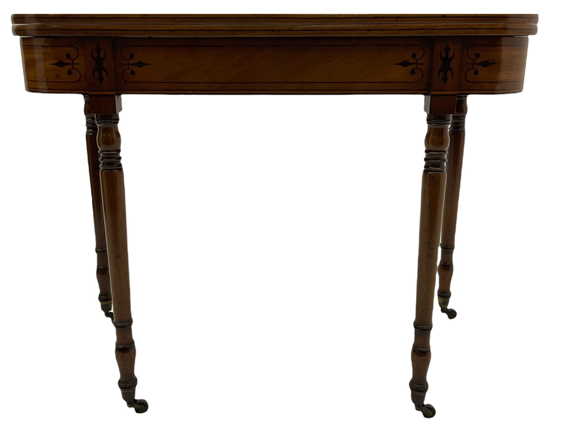 Early 19th century inlaid mahogany D-shaped tea table, fold-over top