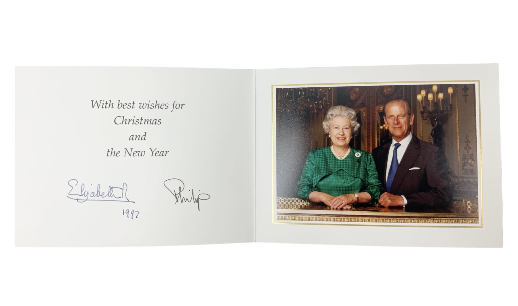 HM Queen Elizabeth II and HRH the Duke of Edinburgh - signed 1997 Christmas card with two gilt cyphers to front and colour photographic portrait inside,  signed Elizabeth R and Philip with manuscript date 1997 below