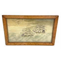 19th century sailor's woolwork picture depicting French and English Men-o-War at sea 26.5 x 47.5cm, maple frame