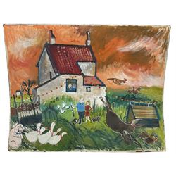 Pat Faust (British fl.1950-2000): 'North Moor Farm - Flamborough Yorkshire', oil on board signed, titled verso 100cm x 127cm (unframed)