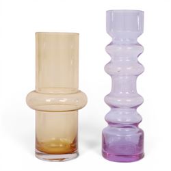 Mid-century Bo Bergstrom style bubble vase, in lilac tones, together with another similar in yellow tones, H24cm