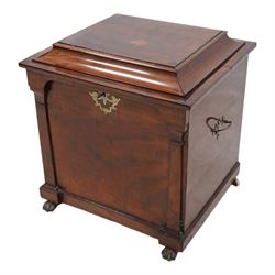 William IV mahogany cellarette, the rectangular hinged sarcophagus top enclosing bottle dividers and metal liner, the front applied with flanking flat pilasters, fitted with pressed brass handle plates escutcheon, lower moulded edge over brass hairy paw feet
