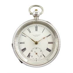 19th century silver open face key wound pocket watch by Waltham Mass, No. 845724, retailed by J.G. Graves, white enamel dial with Roman numerals and subsidiary seconds dial, engine turned case with engraved initials in cartouche, Birmingham 1899