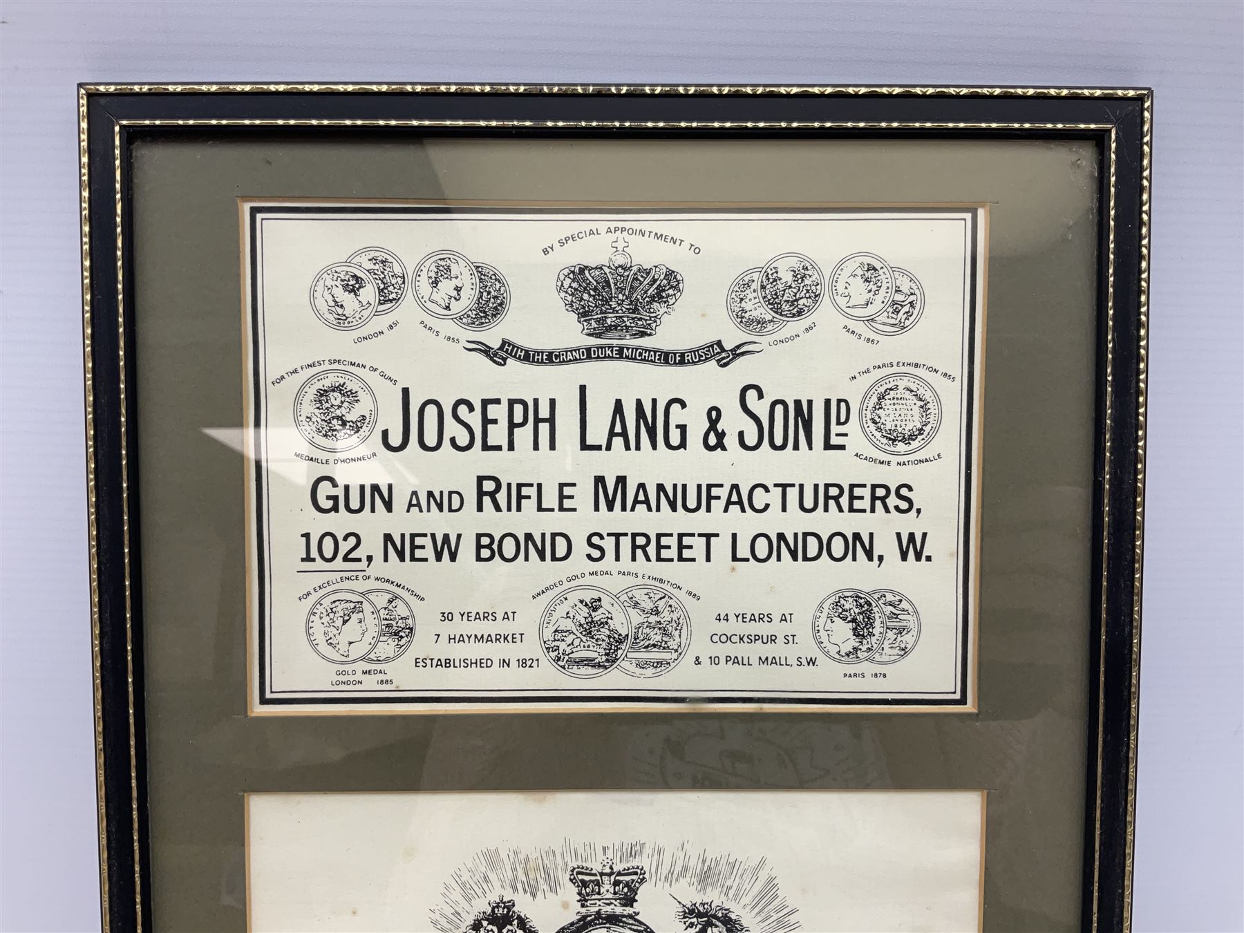 Framed display of three trade gun case labels for Joseph Lang & Son, Henry Atkin and Stephen Grant & Sons, mounted in Hogarth style frame 56 x 25cm