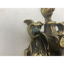 Gothic style cast brass door knocker, modelled with the Greek three-headed hell hound Cerberus on Rococo style base with central knocker of tear drop above Hades, God of the underworld, L29cm