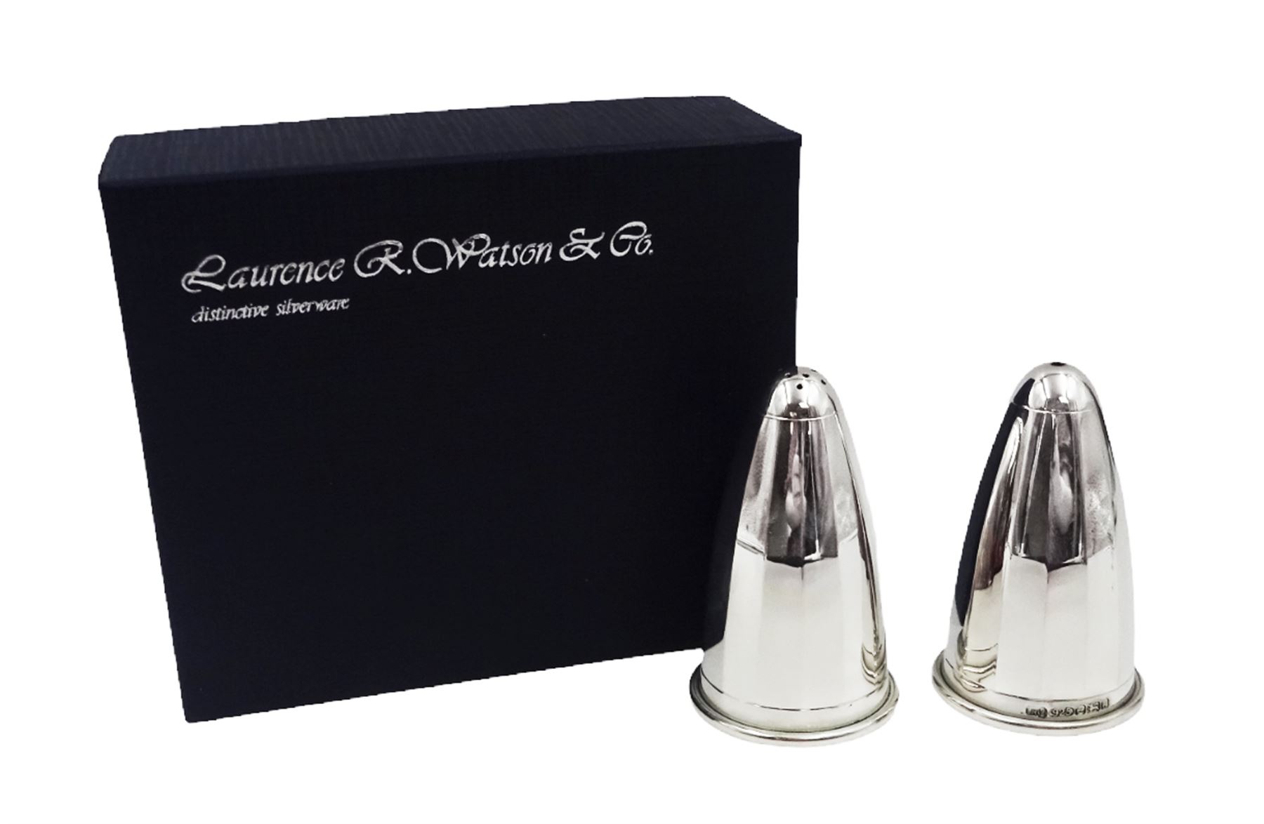 Pair of modern silver salt and pepper shakers, of tapering faceted form, hallmarked Laurence R Watson & Co, Birmingham 2009, H7cm, boxed 