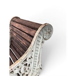 Pair of unusual Victorian revival heavy cast iron garden chair benches, ornate scrollwork detail with squirrels and nature, serpentine wood slatted seat and back - design by George Smith at the Sun Foundry, Glasgow