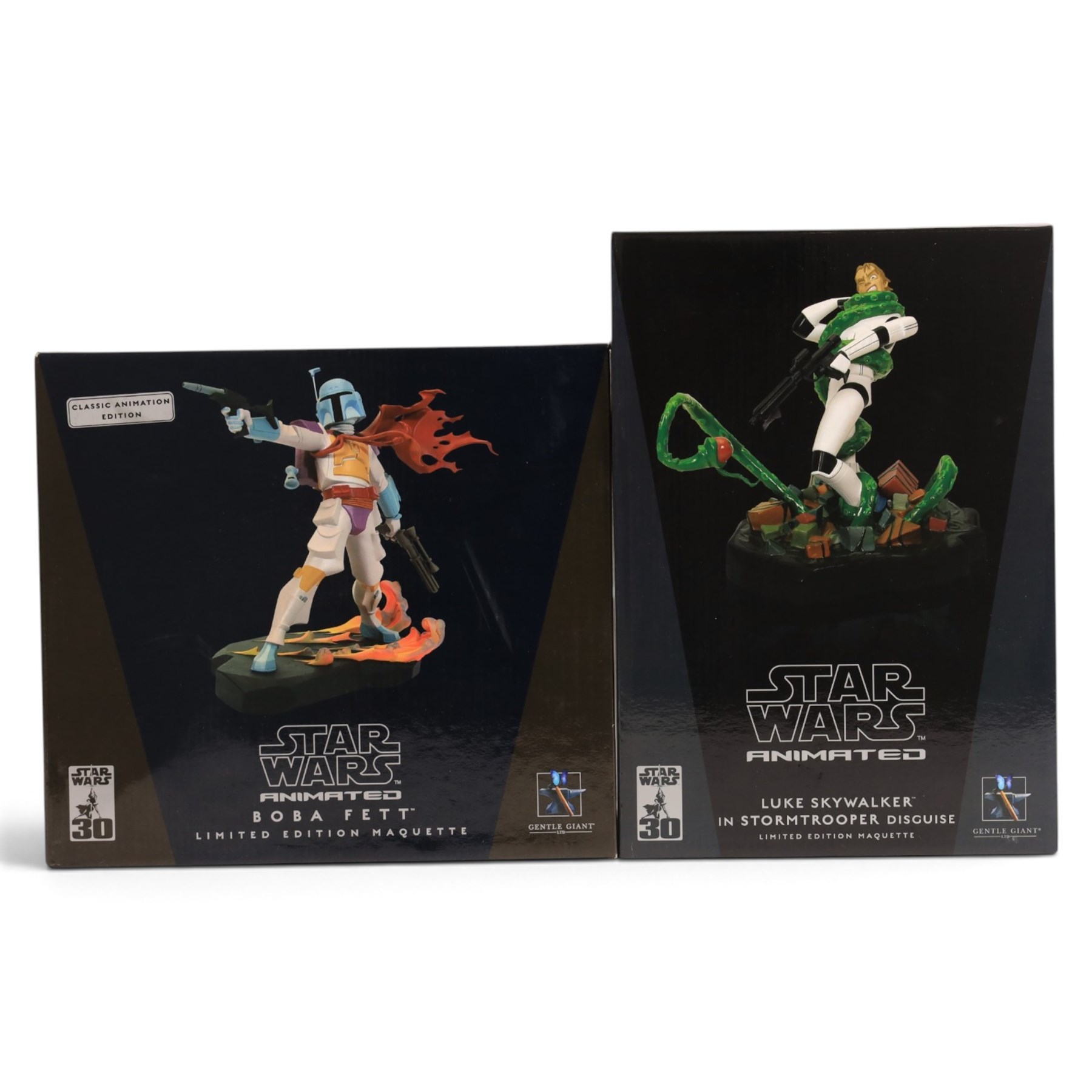 Two limited edition Gentle Giant Star Wars Animated Maquettes, comprising Boba Fett Classic Animation Edition and Luke Skywalker in Stormtrooper Disguise, both boxed
