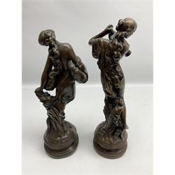 Pair of bronzed figures of water carriers, entitled Morning Dew and Evening Dew, modelled as two semi clad classical style maidens with urns on naturalistic bases, raised upon circular spreading bases, H37cm