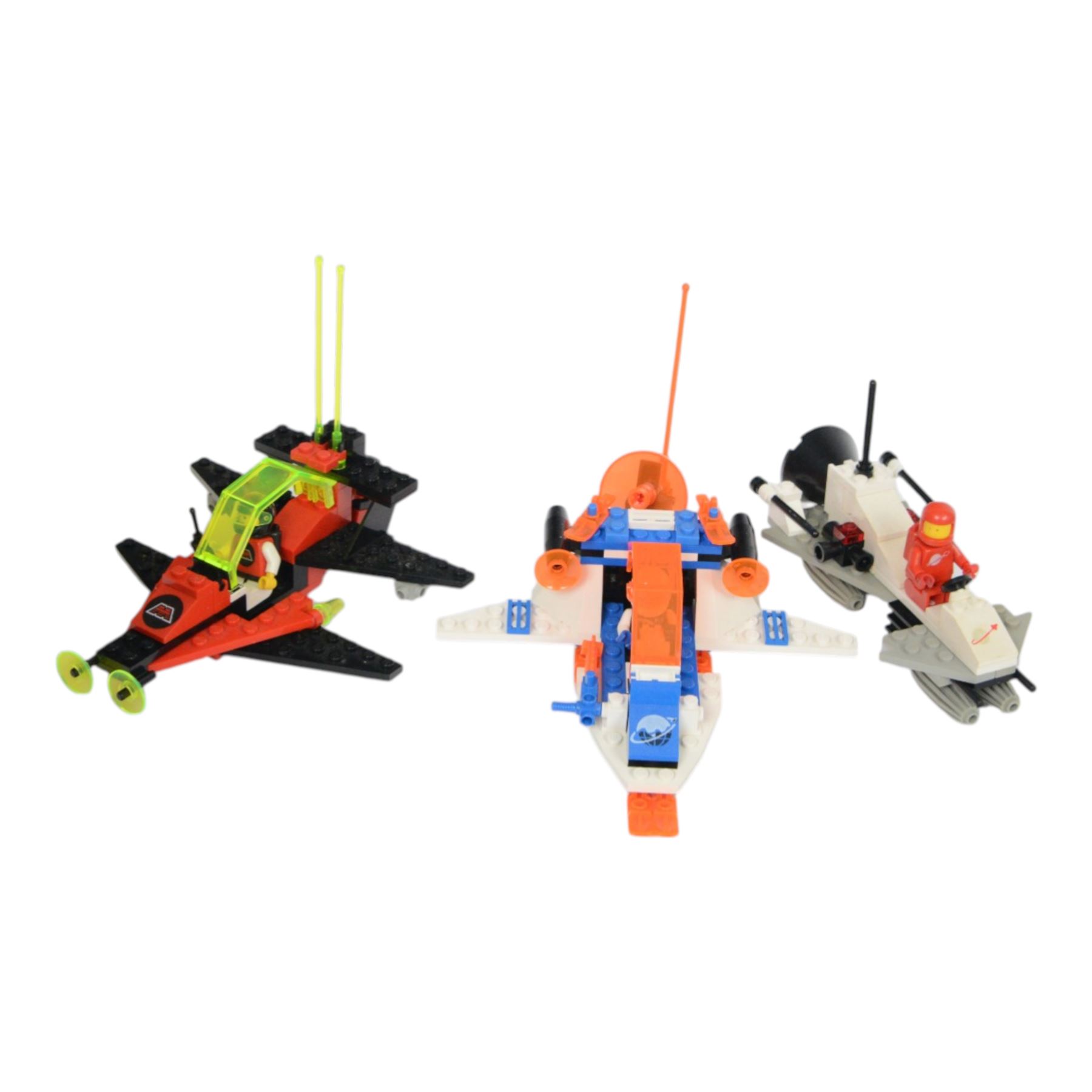 Eleven vintage Lego spaceships, comprising no. 6842 Shuttle Craft, no. 6879 Blizzard Baron, no. 6877 Vector Detector, no. 6880 Surface Explorer, no. 6852 Sonar Security, no. 897-1 Mobile Rocket Launcher, no. 6847 Space Dozer, no. 6834 Celestial Sled, no. 6846 Tri-Star Voyager, no. 6829 Radon Rover and no. 6815 Hovertron, all built with minifigures