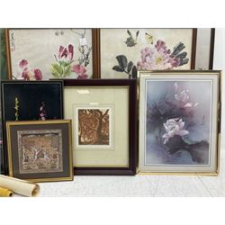 Quantity of predominantly Oriental framed and unframed works to include silkworks, paintings on fabric, decorative metalware etc 