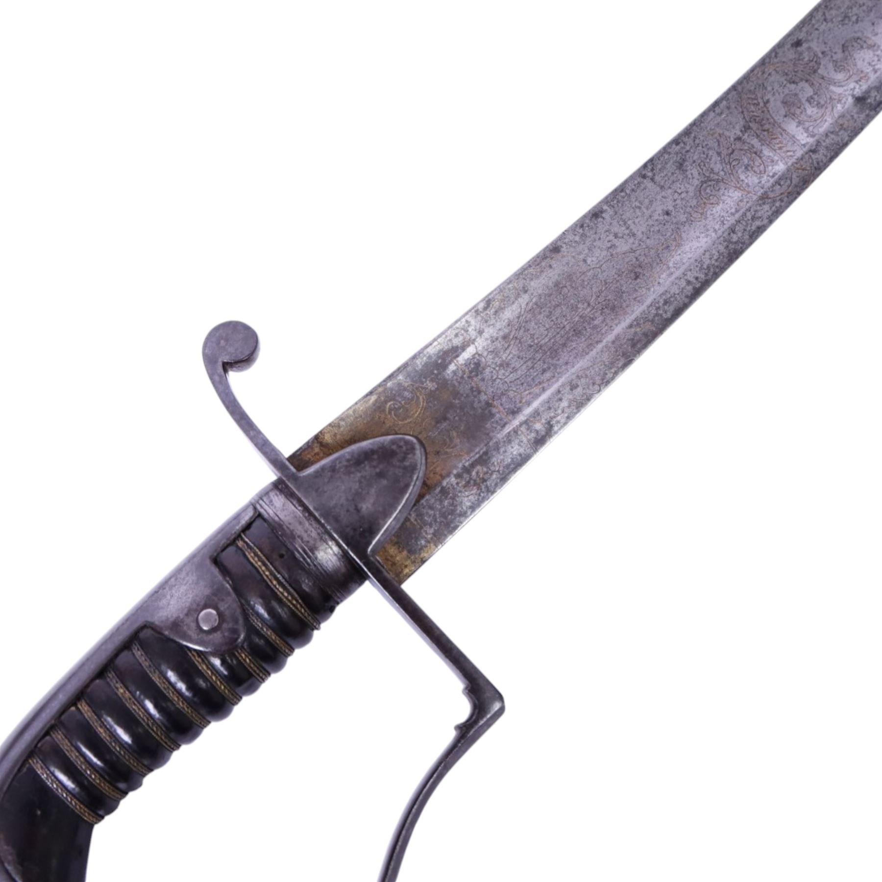 British 1796 pattern, light cavalry officers' saber, by Wooley, Deakin, Dutton of Birmingham, the 80cm single edge curved blade retaining traces of original blue and gilding which bears the coat of arms of George III and military trophies, the steel stirrup hilt with leather bound grip and original silver triple wire binding, within steel scabbard with twin suspension rings, overall L98cm  