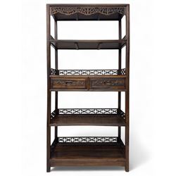 Early 20th century Chinese hardwood display étagère bookcase, the rectangular open tiered ...
