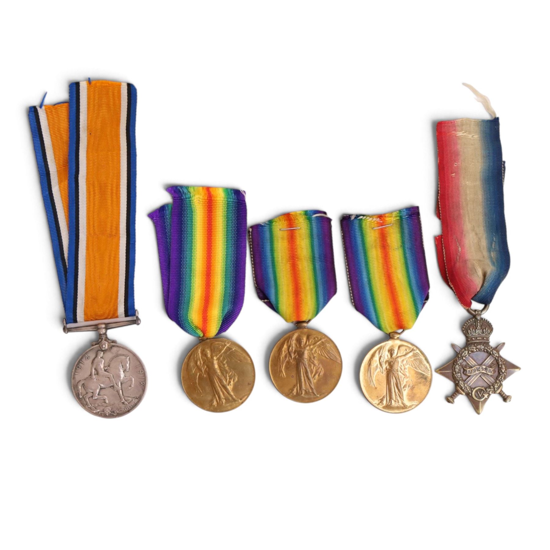 WWI British medals comprising 1914-15 Star, War medal and three victory medals 