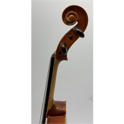  Maidstone School violin c1930 with 36cm two-piece maple back and spruce top, bears label 'The Maidstone School Orchestra Association 463 Oxford Street London Made in Czechoslovakia', L59cm overall, in carrying case  