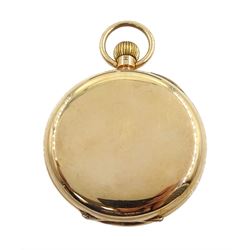 Early 20th century 9ct gold open face keyless lever 'The Bank' pocket watch by J.W.Benson, London, No. 5853, white enamel dial with Roman numerals and subsidiary seconds dial, London 1924, with original box and wooden stand