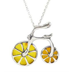 Silver Baltic amber bicycle pendant necklace, stamped 925 