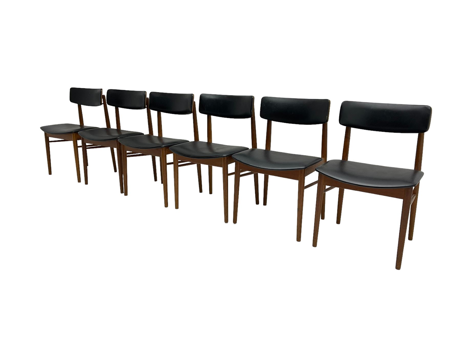 S Chrobat for Sax Mobler - set six mid-20th century Danish teak dining chairs, seat and back rail upholstered in black leatherette, raised on tapering supports