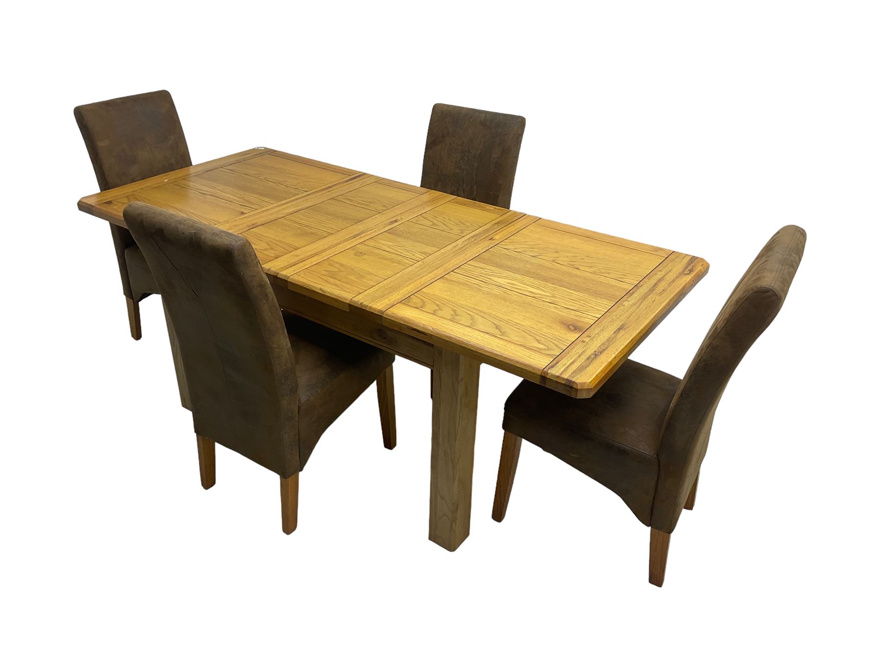 Contemporary oak extending dining table, rectangular top with canted corners on square supports, with two additional leaves (W133cm D93cm H78cm); and set four high back dining chairs, upholstered in brown faux suede (W46cm H103cm)