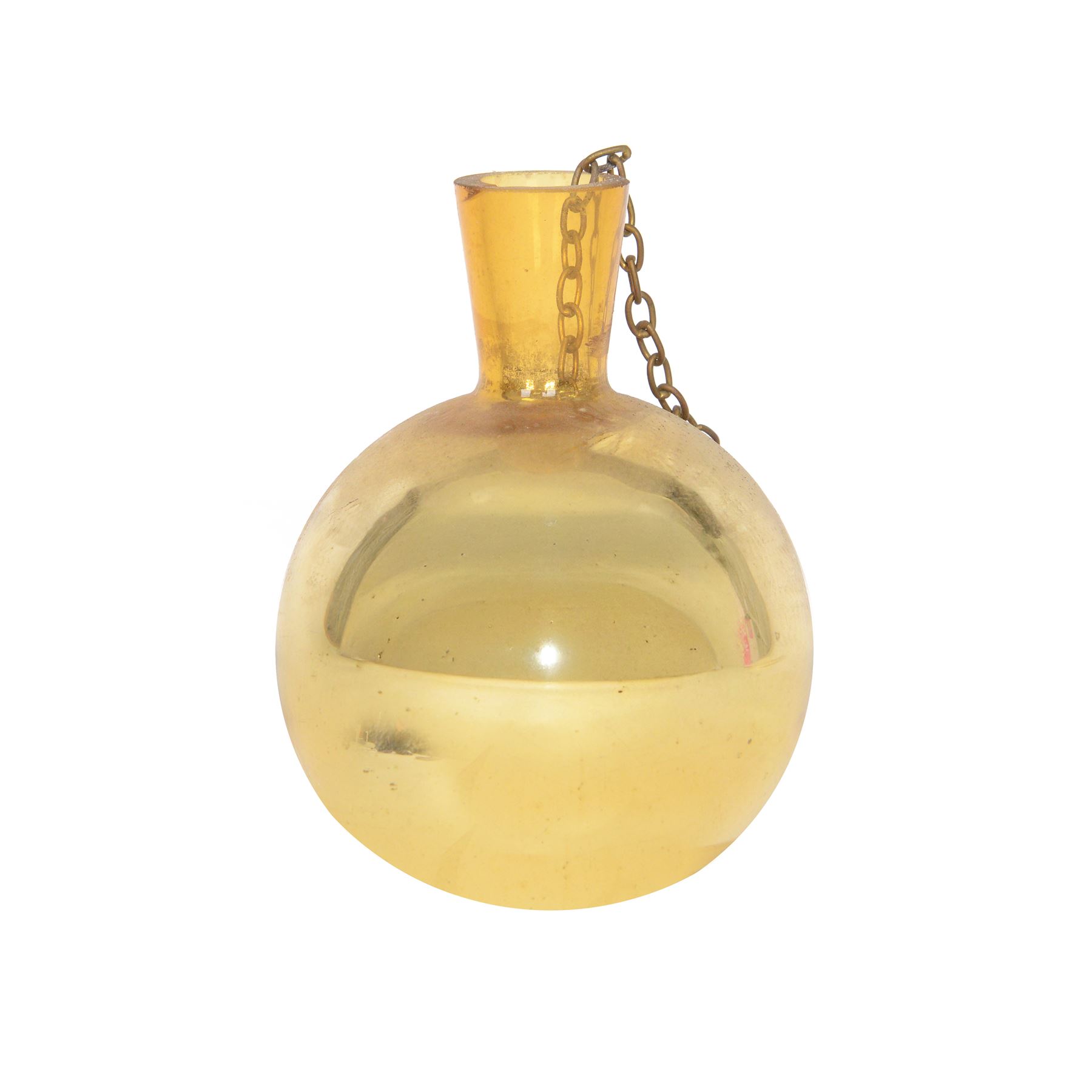 Two gold coloured glass witches ball, one with bottle neck, the other with metal hanging pendant, largest D18cm