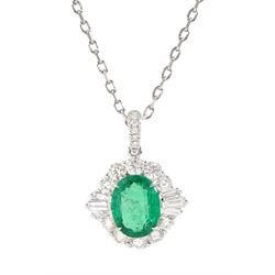 18ct white gold oval cut emerald, round and tapered baguette cut diamond pendant necklace, emerald 1.19 carat, total diamond weight 0.88 carat, with World Gemological Institute report