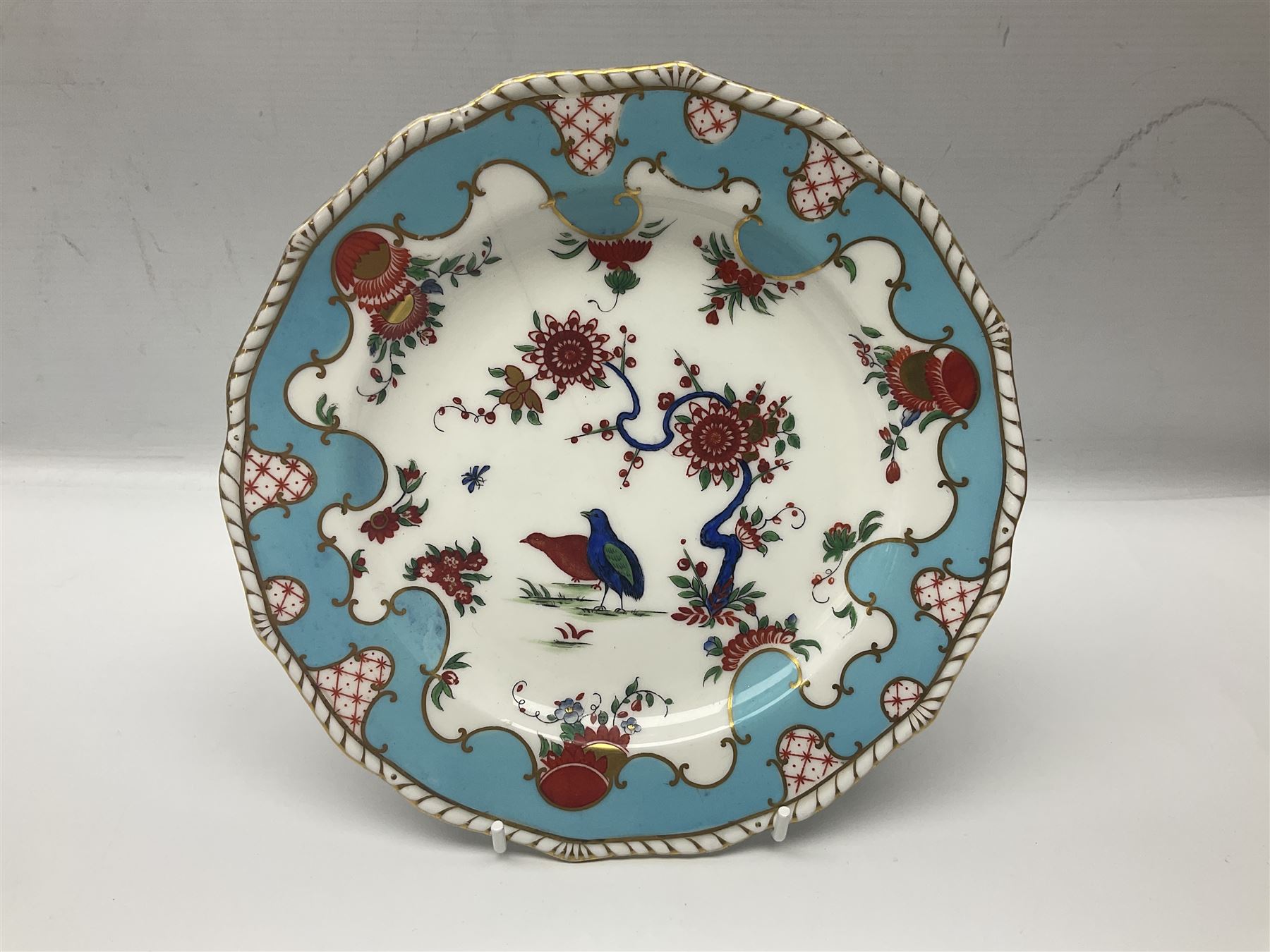 19th century Royal Crown Derby in cherry tree pattern, twin handled sauce dish and saucer and twin handled dish, together with three Royal Crown Derby plates, including one signed WEJ Dean