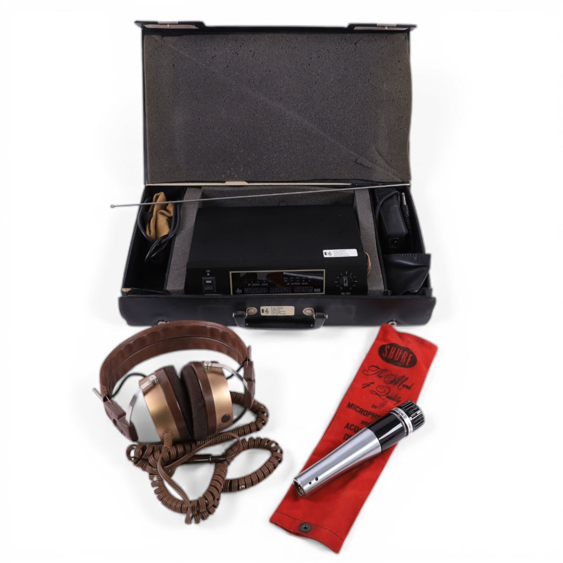 Shure Unidyne III model 545D microphone, pair of Audio-Technica At-703 stereo headphones and a JSH Guitar Transmitter-Receiver System