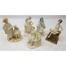  Five porcelain and stoneware Art Deco style women, three wearing lustre finish flapper dressed, mother and child etc, all signed H. Little, in the style of Hilary Brock, Handcrafted for Ladygate Gallery, Beverley H21cm max  